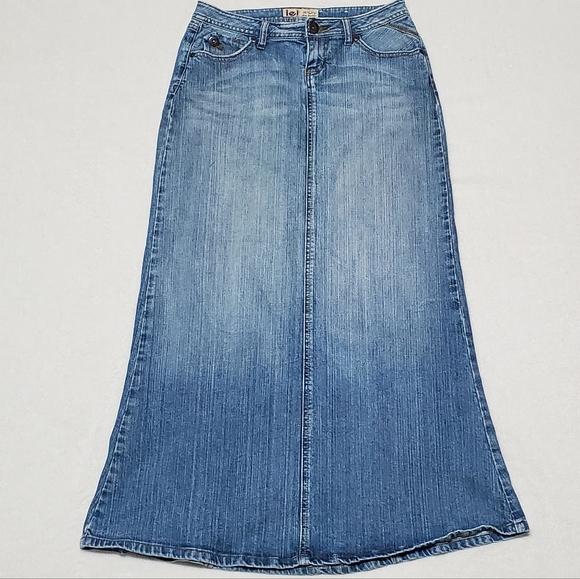 Vintage 90s LEI Ashley Low Rise Paneled Mid Wash Stretchy Denim Maxi Skirt 4 - Picture 4 of 12